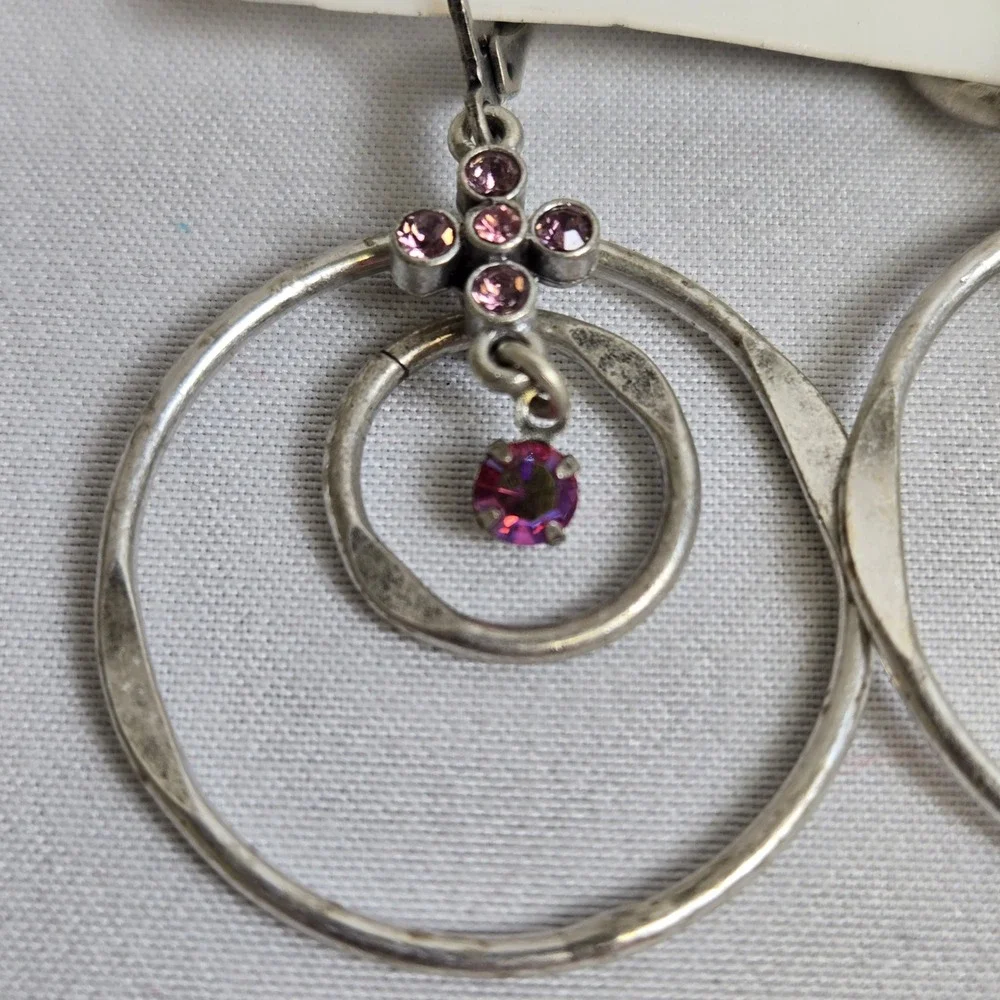 2 Pair Bohm Dangle/Drop Hoop Earrings, Silver‎ Tone, New